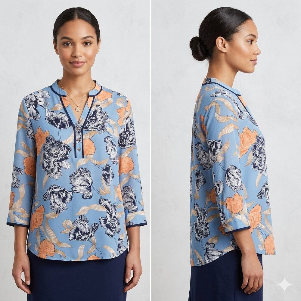 NEW Peppermint Blue & Orange Floral Print Blouse – Women’s (3/4 Sleeves) Size L